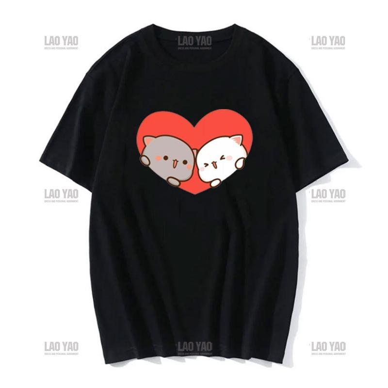 Słodka brzoskwiniowa kotka z kreskówkową parą nadrukowaną koszulką unisex szara wysłana kwiaty do brzoskwiniowej koszulki nowy styl miłośnicy ubrań casualowa koszulka