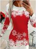 2025 Herbst und Winter Neu 3D Schneeflocken-Druck und Färbung Damenmode Langärmeliges Rundhals Hüftbetontes Kleid Valentinstag Limited