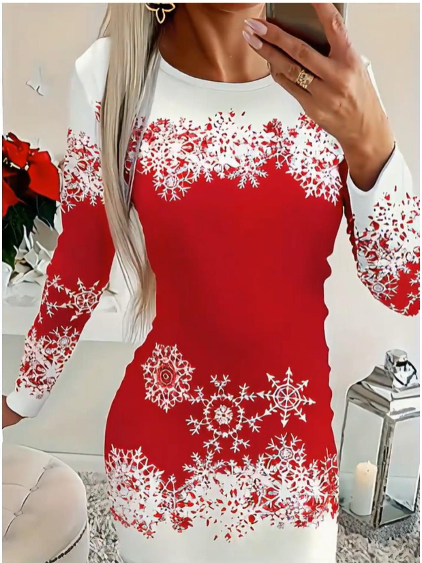 

2025 Осінньо-зимовий Новий 3D Принт Сніжинок та Фарбування Жіноча Мода Сукня з Довгим Рукавом та Круглим Вирізом, що Облегає Стегна Обмежена Серія до Дня Святого Валентина XXL червоний