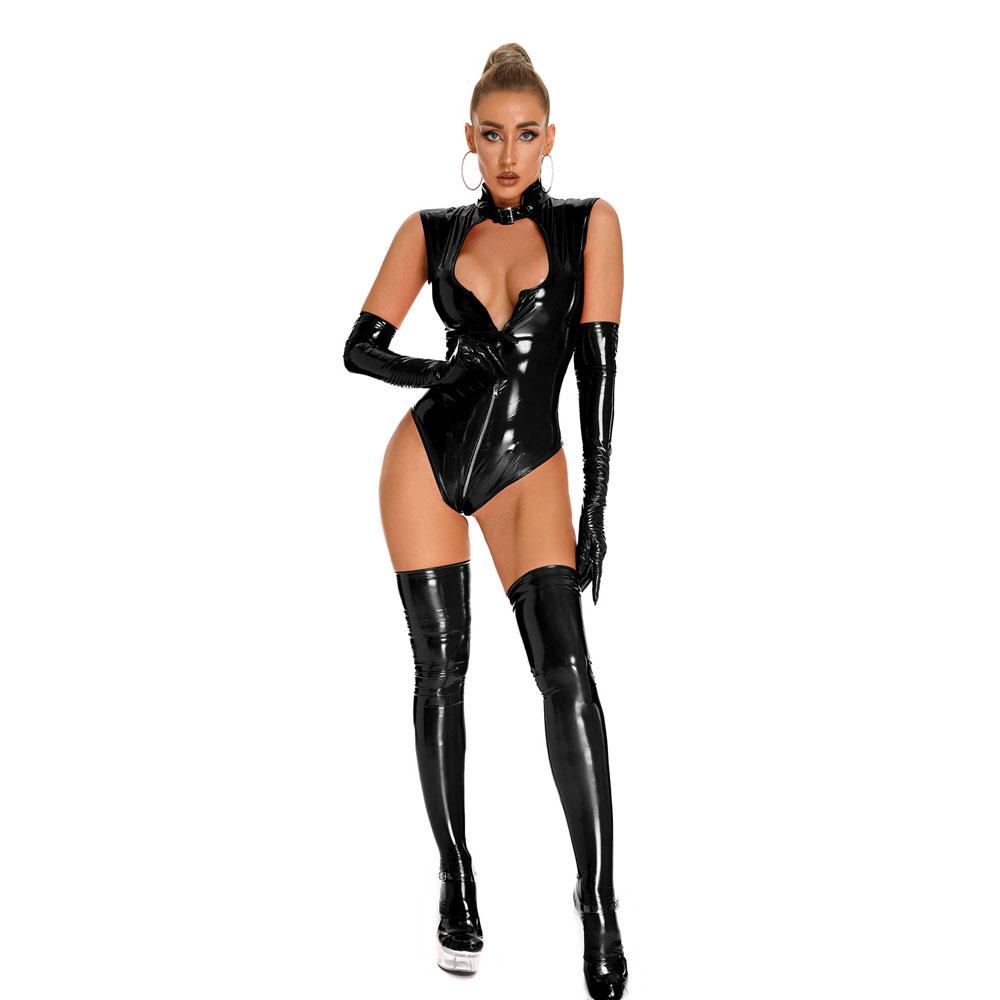 Sexy Long Zipper Open Crotch High Cut Bodysuit Elastic Pvc Latex Sexy Tight Open Chest Hollow Out Maid Leotard Catsuit Cosplay