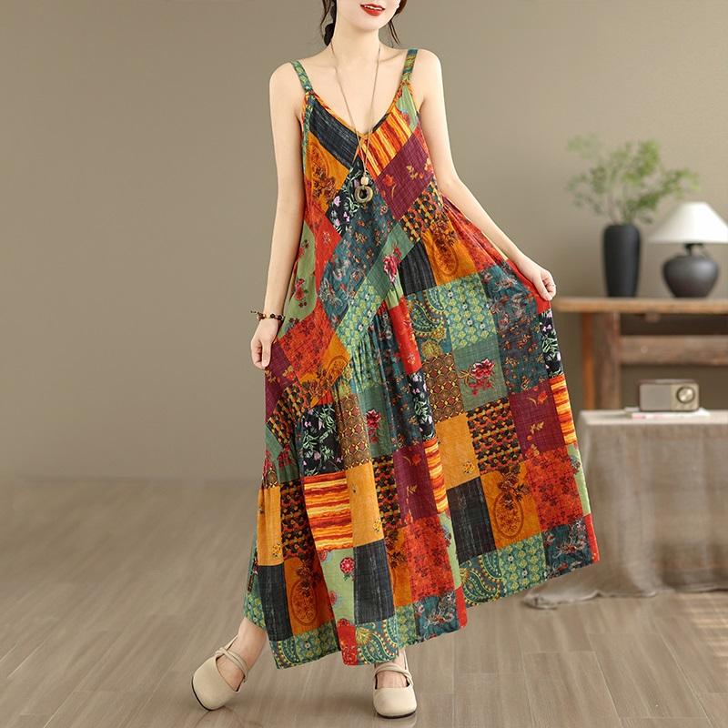Sleeveless Strap Cotton Vintage Floral New In Dresses For Women Casual Loose Long Summer Dress Elegant Clothing