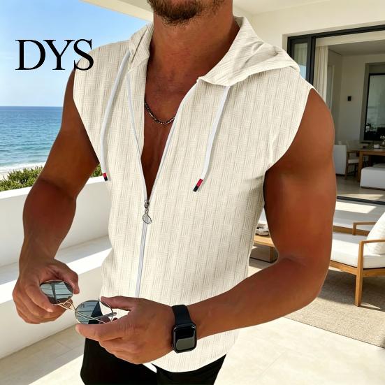 Bequemes Herren Freizeit T-Shirt Mit Kapuze Reißverschluss Jacquard Ärmelloser Hoodie Stylisches Hemd mit Reißverschluss Vorne Texturiertes Sommer Tanktop für Fitnessstudio Straße