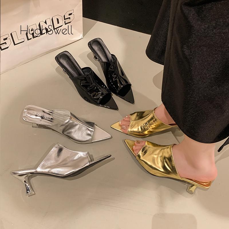 Fashion Luxury Gold Silver Pointed Peep Toe Slide Slippers Woman Thin Low Heel Prom Party Pump Shoes Ladies Patent Leather Designer Mule