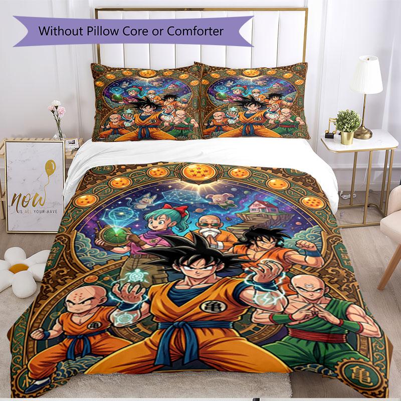 Set cuvertură de pilota 3 buc (1 * Husă de pilota + 2 * Față de pernă, Fără Miez), Set de așternut moale cu imprimeu Dragon Ball pentru toate anotimpurile, Cadou pentru decorarea dormitorului de acasă