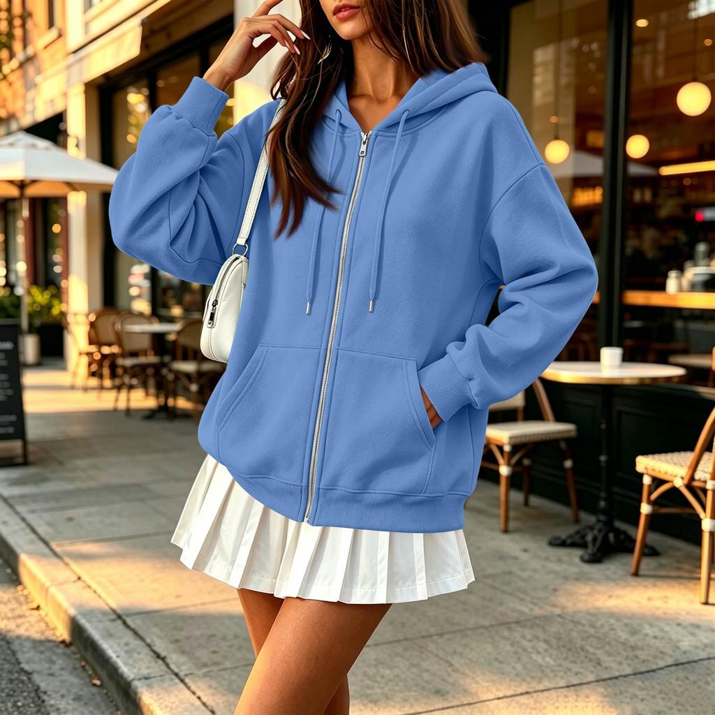 Women's Long Sleeve Color Hooded Loose Fit Zip-Up Jacket