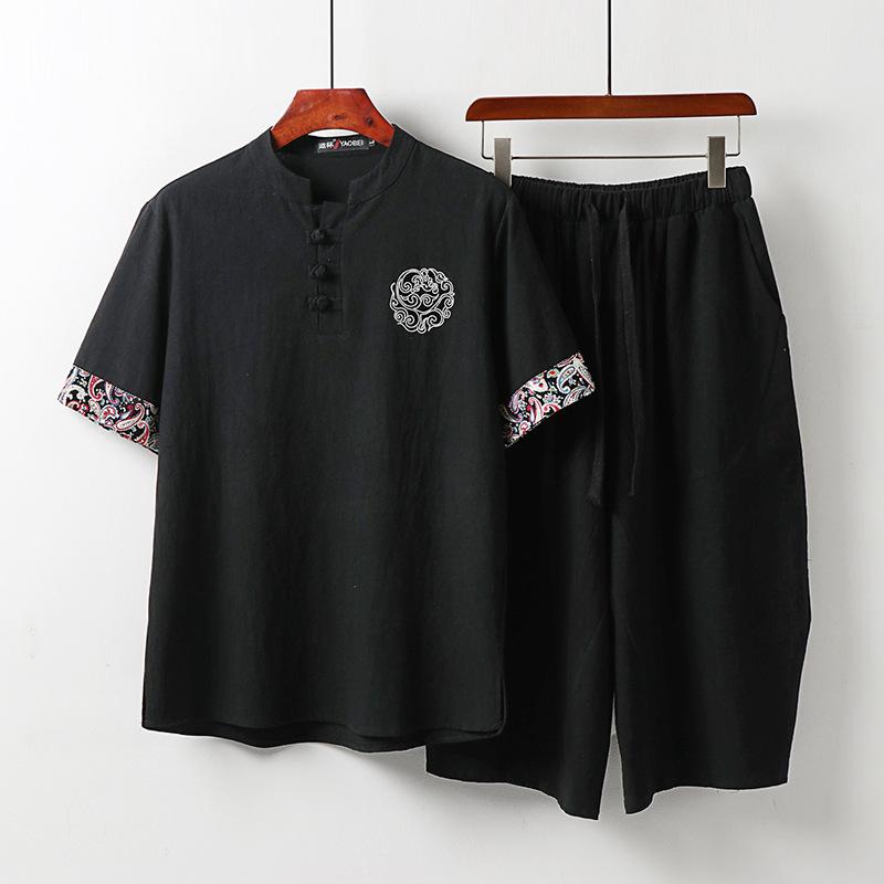 Short-sleeved Suit Men's Summer Thin Disc Button T-shirt Tide Chinese Style Men's Cotton and Linen Retro Stand-up Collar Two-piece Suit
