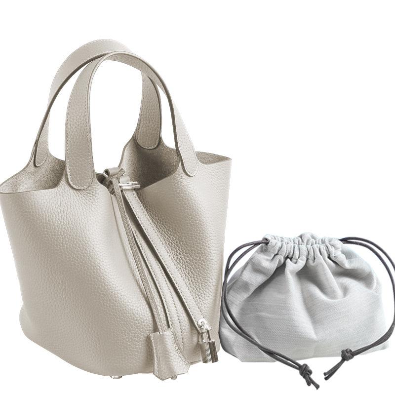Leichter Luxus Echte Rindsleder Korb-Stil Eimer Tasche Neu für Damen Silberfarbener Schlossverschluss Oberer Griff Handtasche, KEIN LOGO