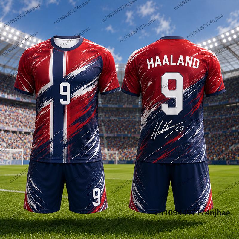 2 Piece Outfit Children Tracksuit Norway Fans Haaland #9 Print T-Shirt+Shorts Set Football Jersey Suit Sports Kids/Adult Clothes