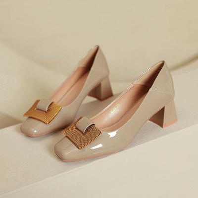 Coarse Heeled High Heels Women 2026 Spring and Autumn New Mid Heeled Women's Shoes Patent Leather Square Toe Single Shoes