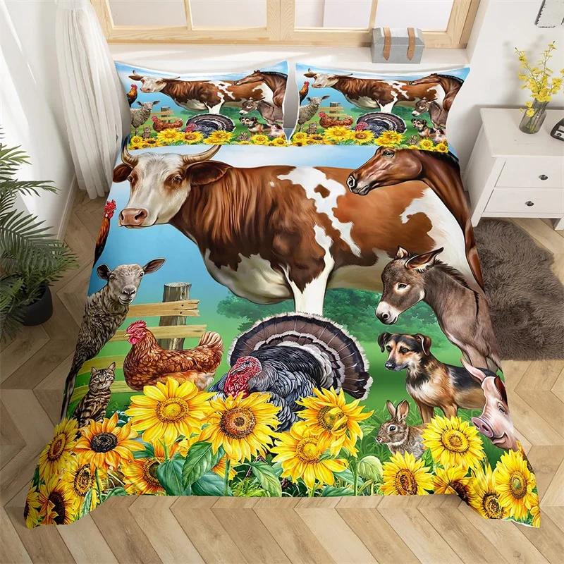 Hochlandrind Bettbezug Bulle Sonnenblume Kuh Bettwäscheset Queen Für Jungen Männer Mikrofaser Wildtiere Bauernhaus Tier Bettdeckenbezug