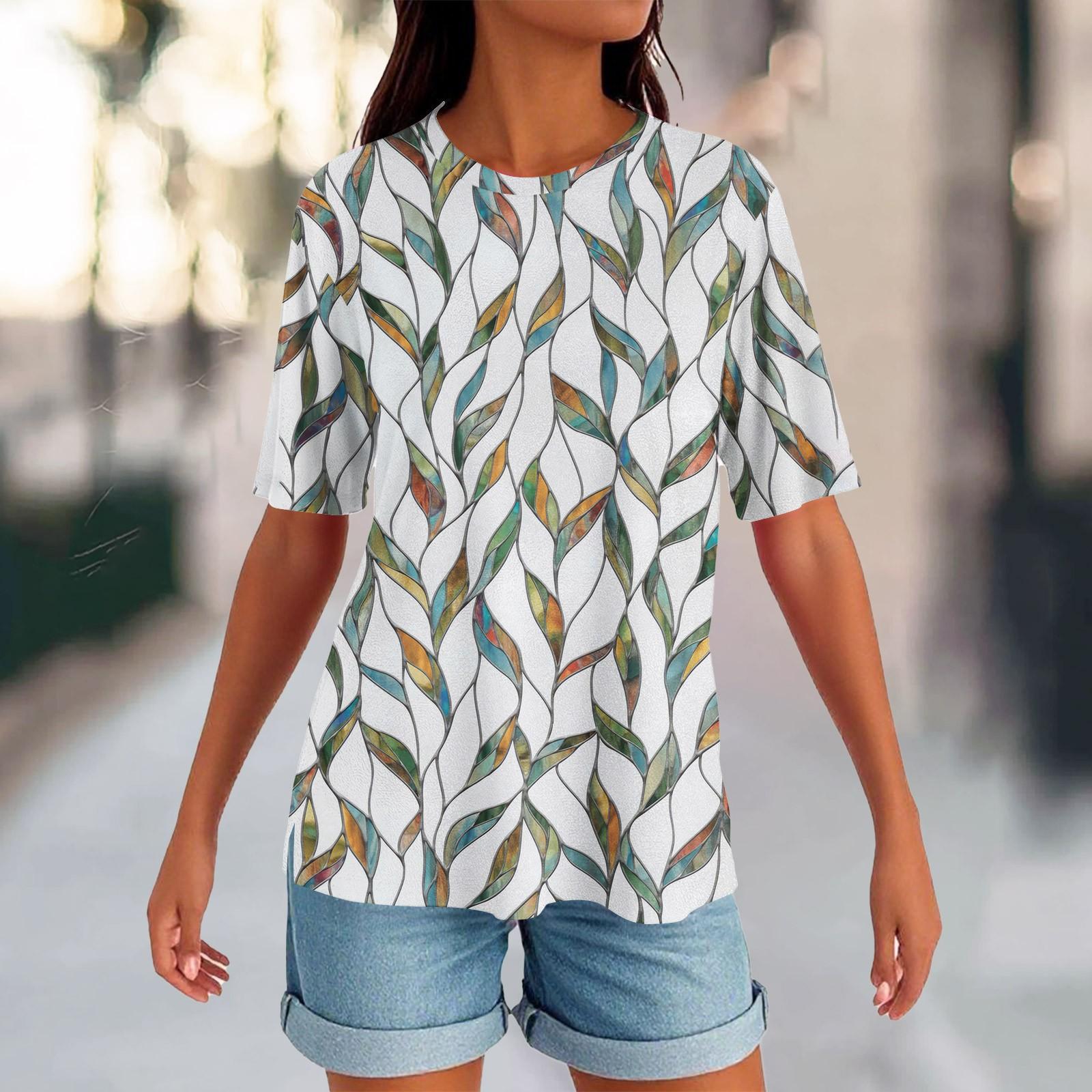 Women s Round Neck Hem Slit Fashion Casual Color Short-sleeved Top XL