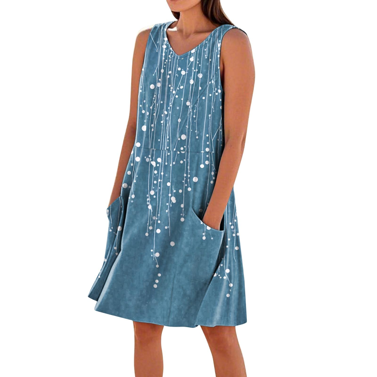 Women Sleeveless V Neck Floral Print Casual Dress with Pockets Relaxed Fit Summer Midi Sundress for Daily Wear S