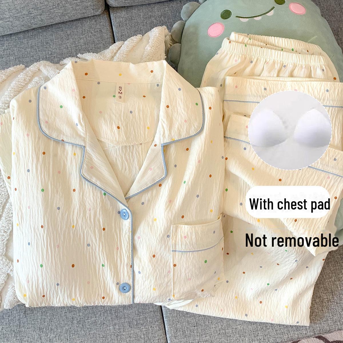 

Женский пижамный комплект из хлопка в горошек: Кардиган с длинными рукавами и нагрудными накладками на весну и осень XL (115-140 lbs)