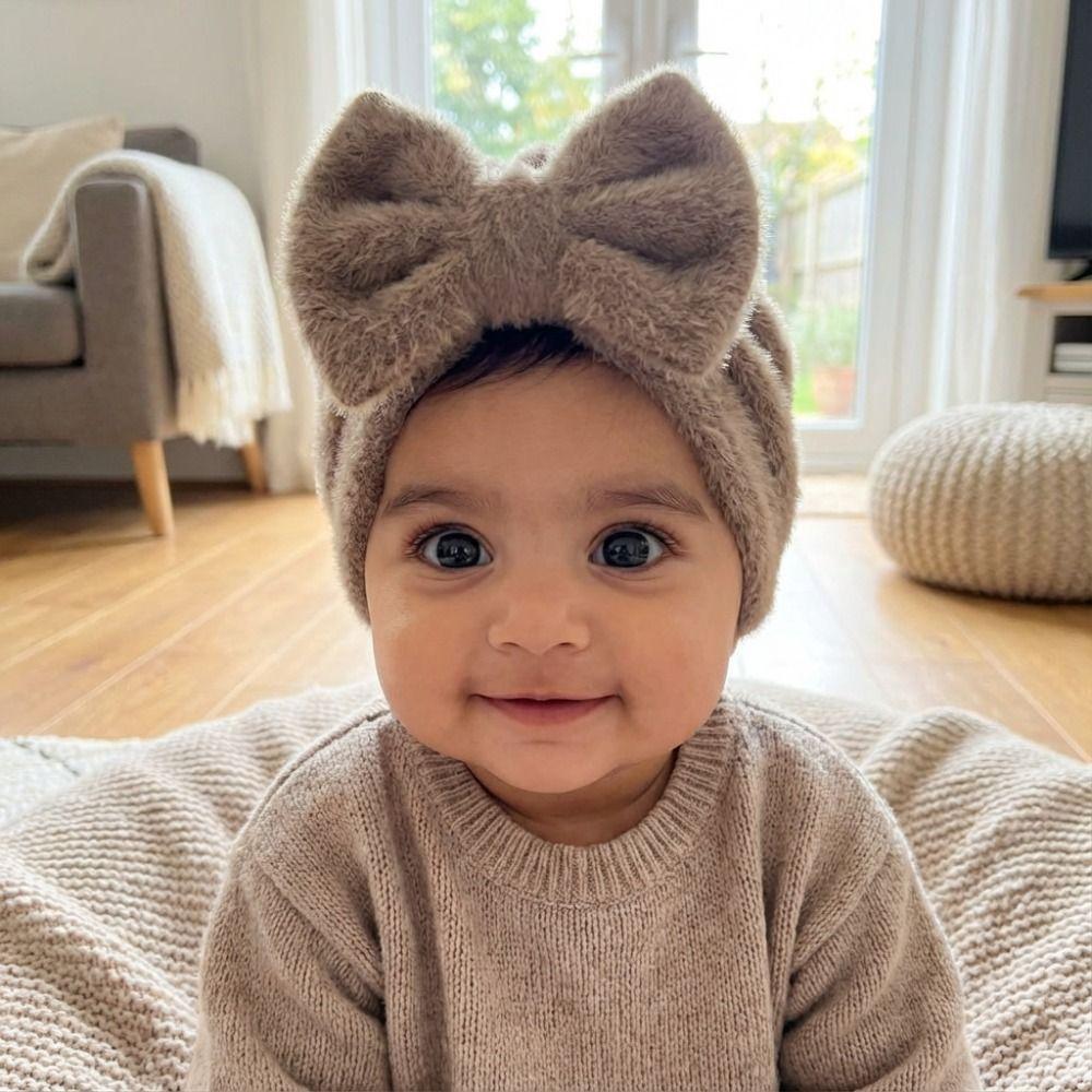 Teddy Fleece Baby Headscarf Hat Warm Newborn Autumn Winter Cap Fashion Bow Knitted Hat  Girls Boys
