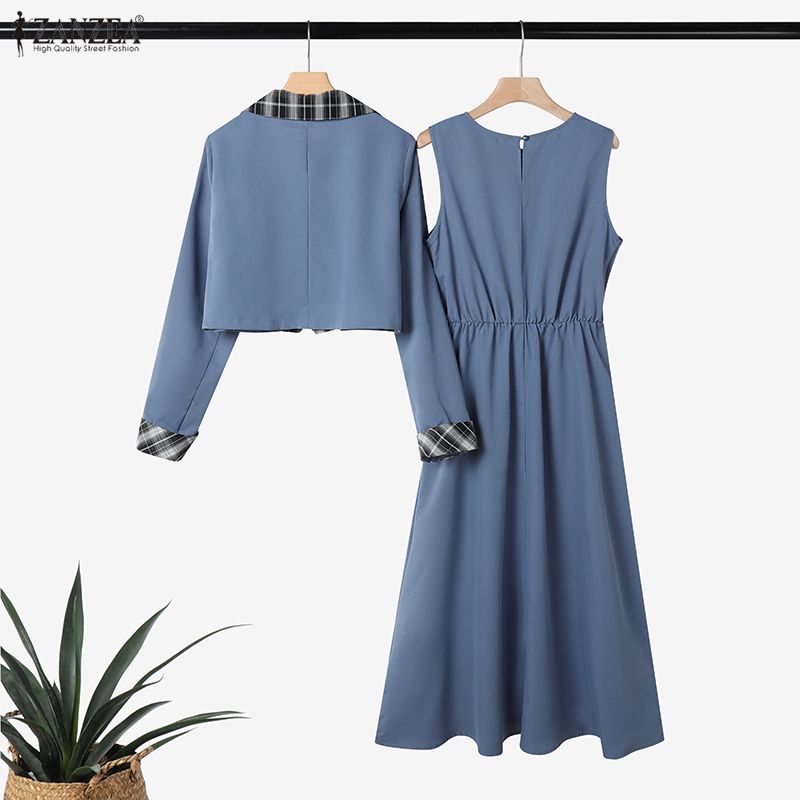 ZANZEA Women Long Sleeve Cardigan Blazer and Dress Summer Two Piece Suit Sets