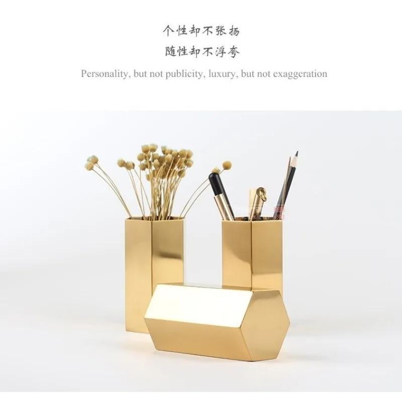 1pcs Stainless Steel Vases  Hexagon Pen Holder Gold Simple Style Home Decoration
