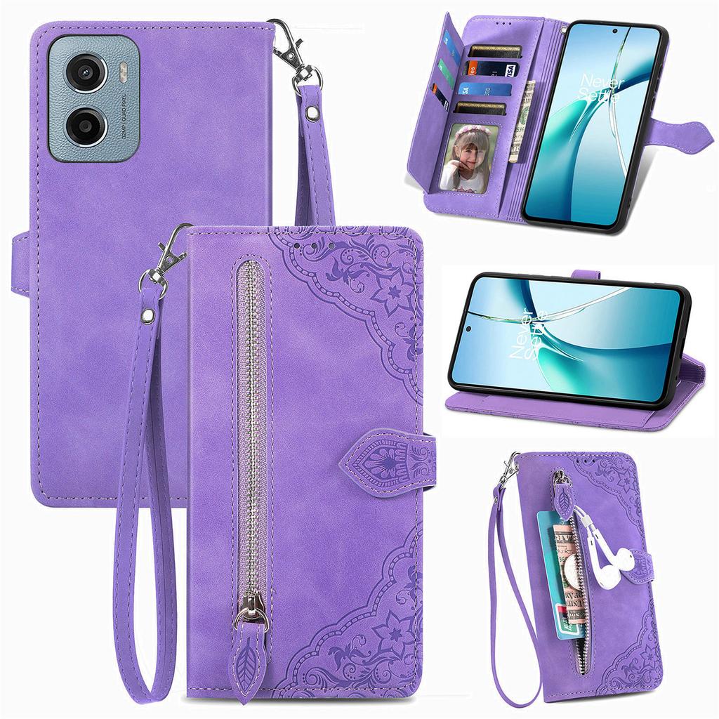 For Motorola Moto G05 4G Zipper Wallet Case with Strap Flower Imprint PU Leather Phone Cover