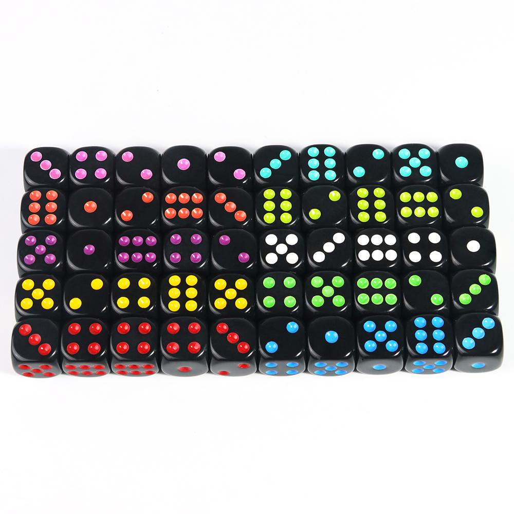 Set di 10 dadi neri rotondi da 16 mm in acrilico a 6 facce con pallini colorati per giochi da tavolo