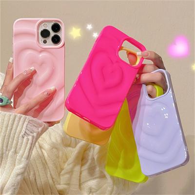 Korea Cute Pink Love Heart Folds Glossy Phone Case For Iphone 14 13 12 11 Pro Max X Xs Xr Lovely Y2k Shockproof Soft Cover Funda