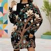 Women Plus Size Round Neck Long Sleeve Printed Black Mini Sweatshirt Dress Ribbed Cuffs