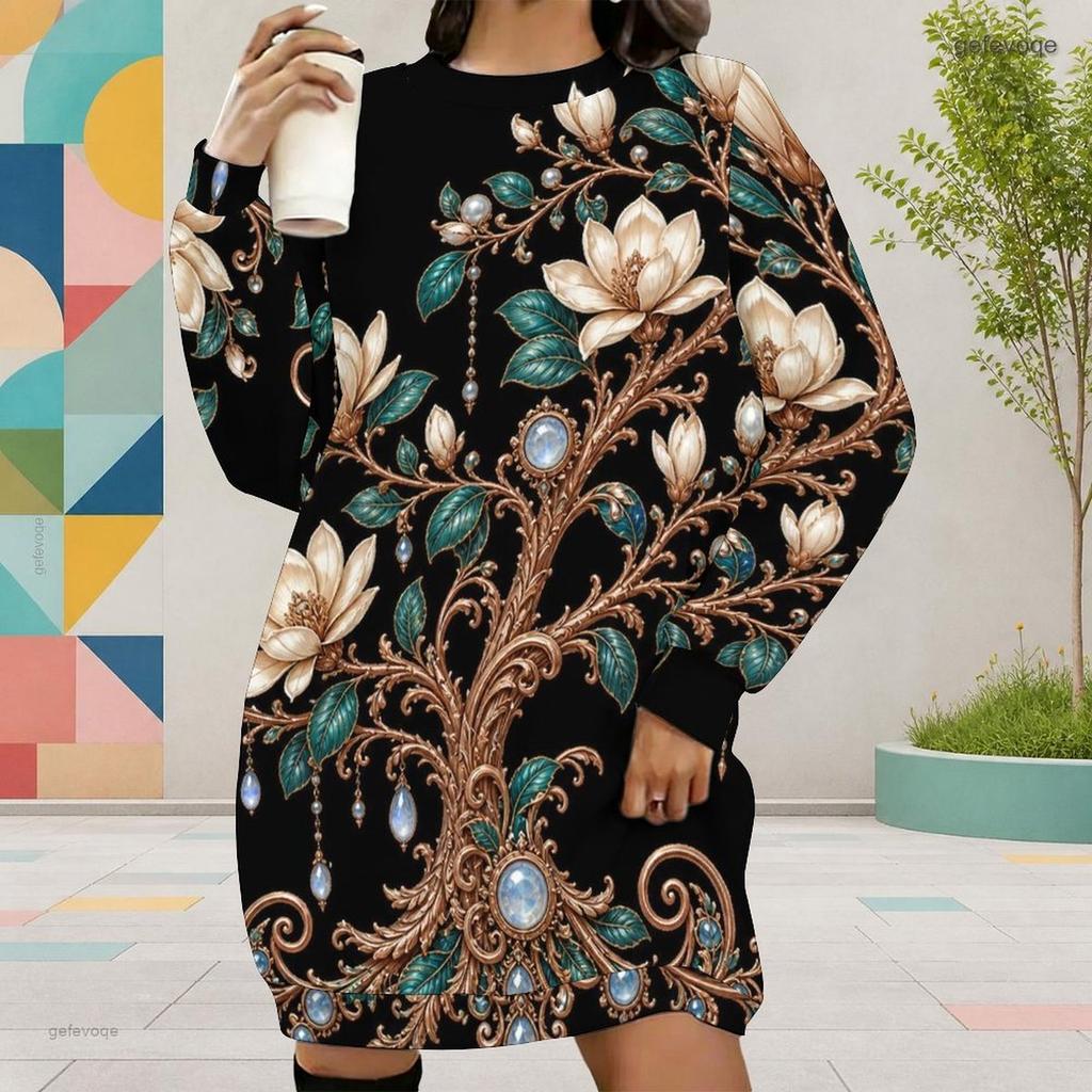 Women Plus Size Round Neck Long Sleeve Printed Black Mini Sweatshirt Dress Ribbed Cuffs