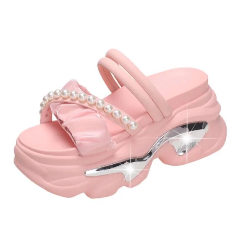 Mode Mode Pärlplatåsandaler Kvinnor Halkfria Kiltofflor Kvinna Sommar Tjock Sula Sandalias Mujer Hög Kvalitet