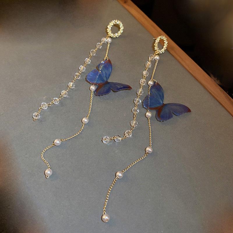 Korean Trendy Butterfly Tassel Earrings with Crystals and Pearls