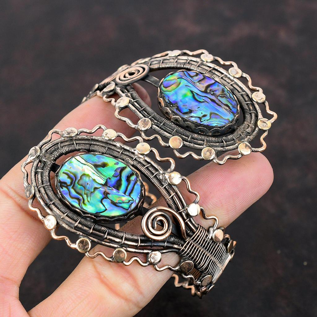 Abalone Shell Bangle Copper Wire Wrapped Cuff Bracelet Very Pretty Gemstone Bangle Handmade Adjustable Cuff Bracelet Copper Jewelry For Gift