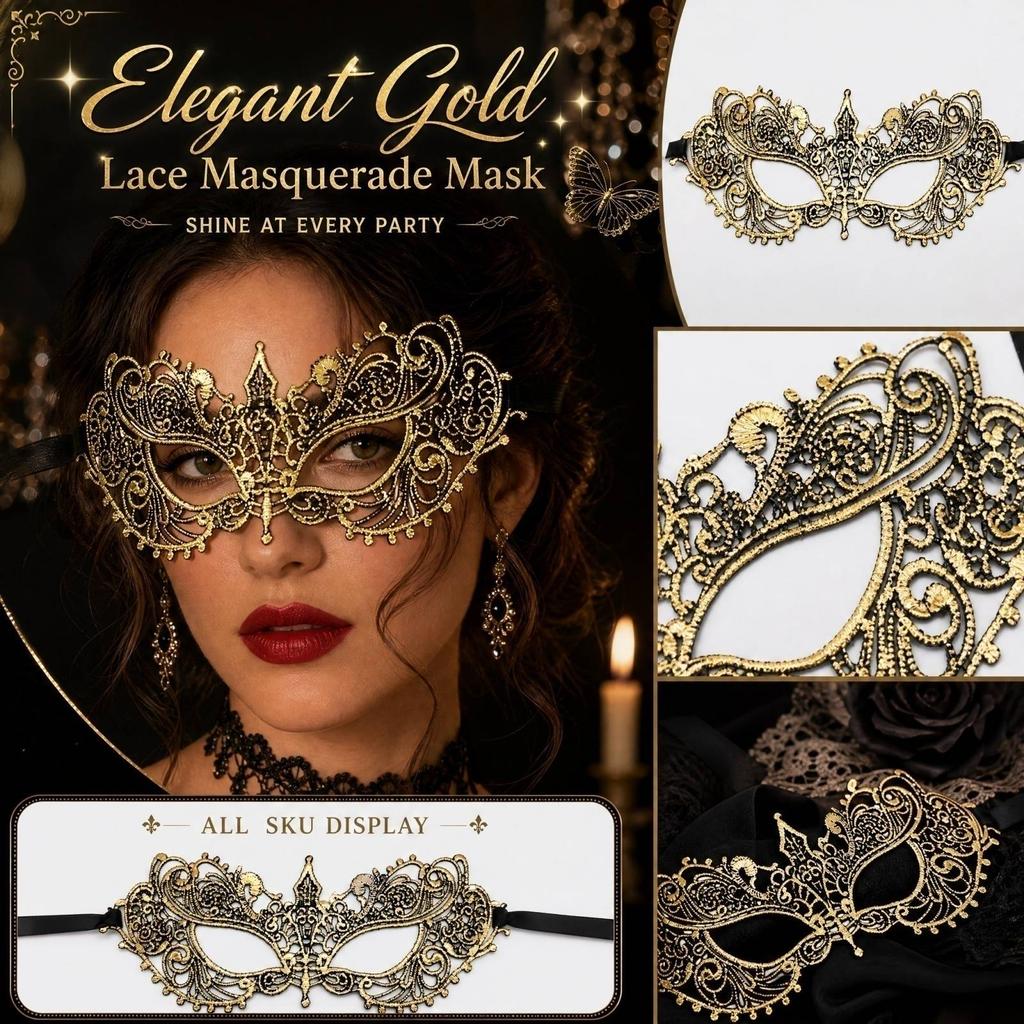 Half Face Halloween with Gold Foil Lace Design for Masquerade Party Costume