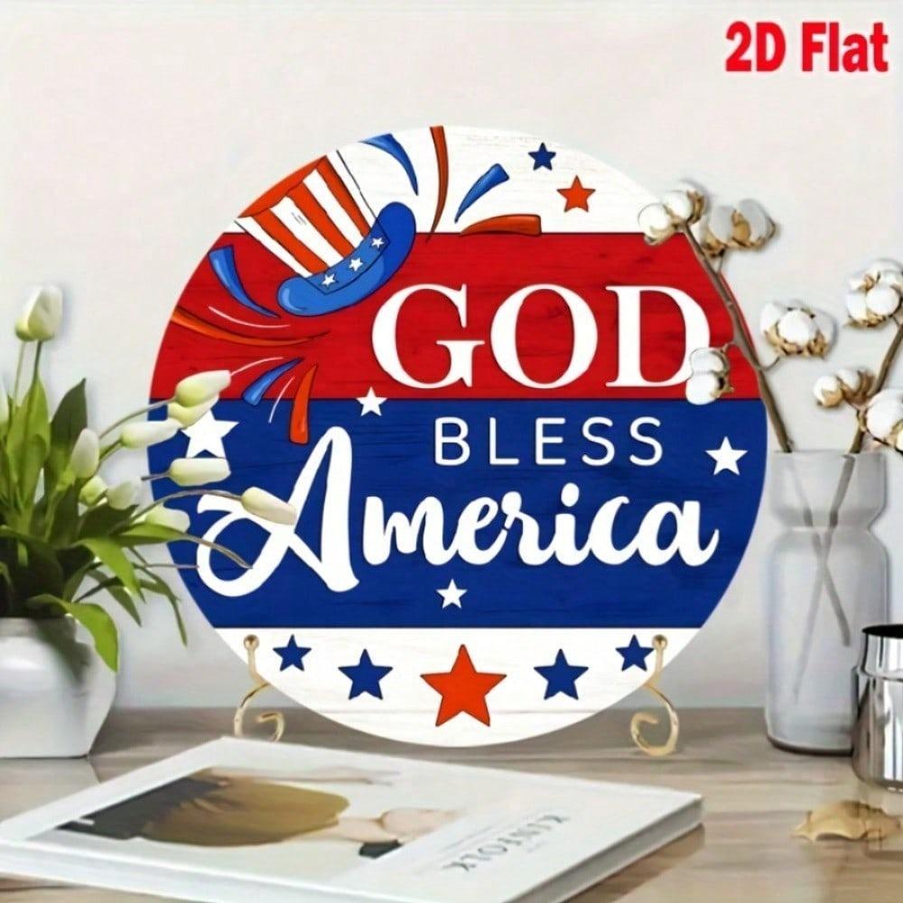 God Bless America Patriotic Metal Sign Vintage USA Flag Round Iron Wall Decor 8x8 Inch Stars Stripes Garden Yard Ornament