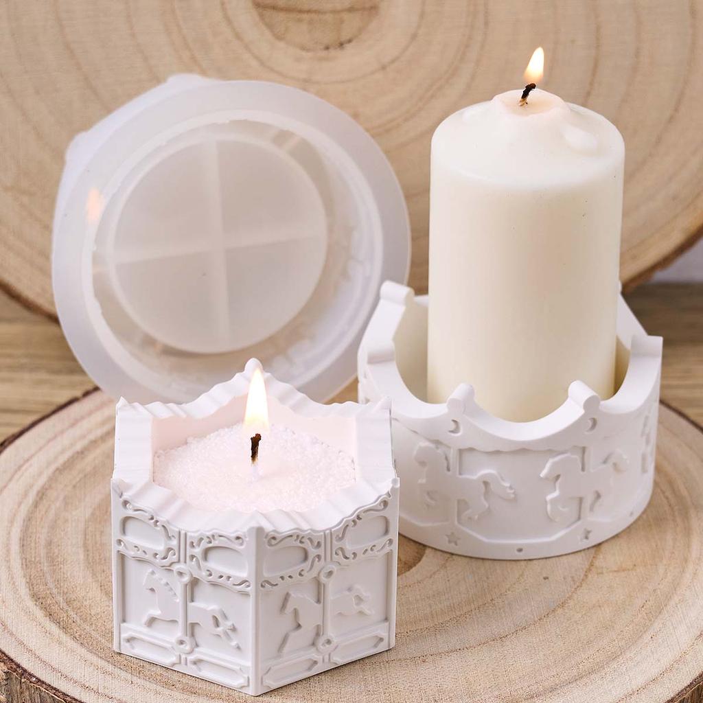 3D Carousel Pattern Candle Jar Silicone Mold DIY Octagon Round Vase Casting Molds Plaster Resin Storage Box Craft Making Home De