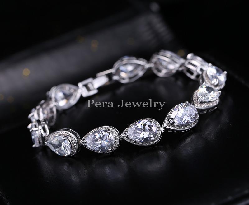 

Pera Luxury Wedding Party Jewelry Silver Color Big Water Drop White CZ Crystal Chain Link Bracelets Bangles for Bridesmaid B001 белый