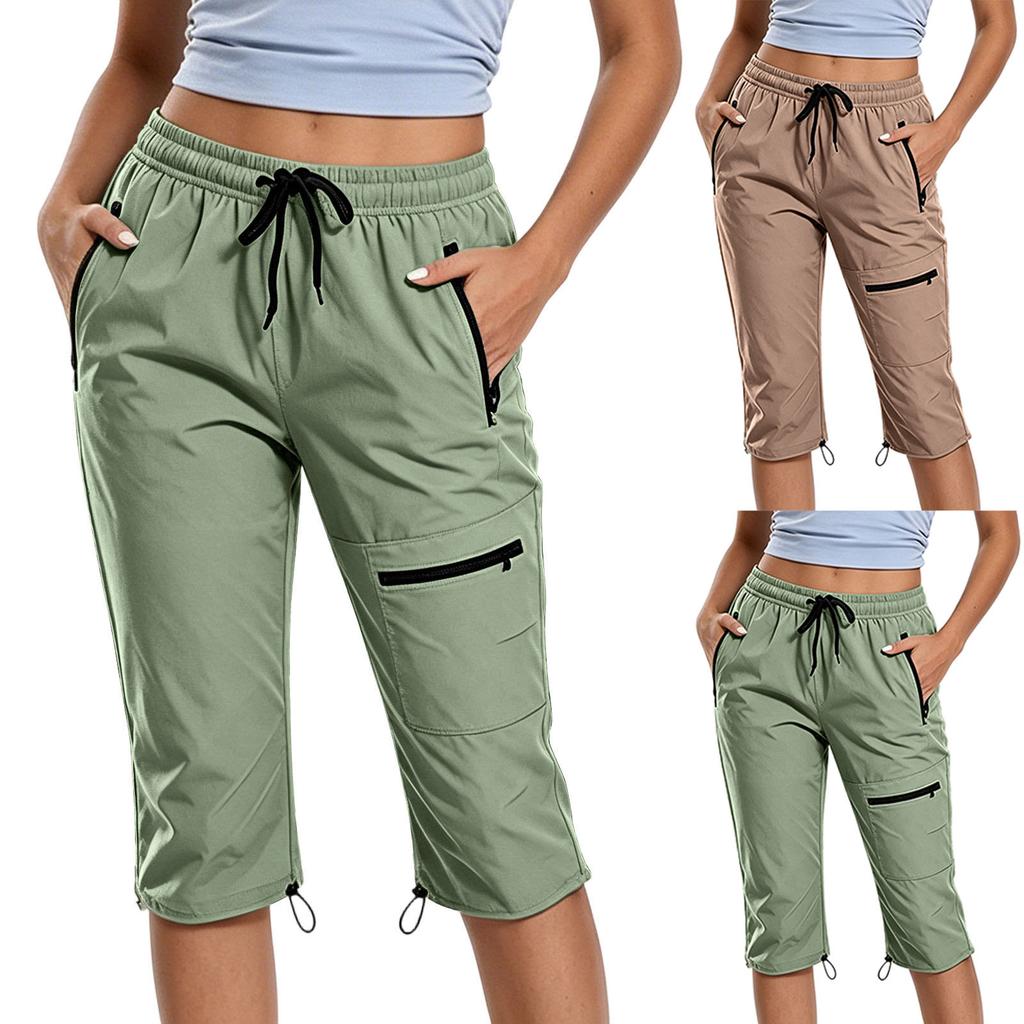 Women Outdoor Hiking Pants Quick Dry Lightweight Capris with Adjustable Waist and Zipper Pockets for Running Fitness Sports