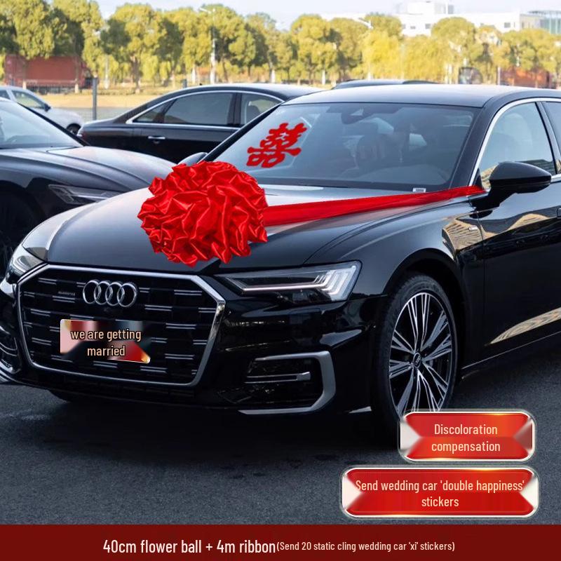 Complete Wedding Car Decoration Set: Escort Car Hood Flowers, Welcome Garland, Double Happiness Arrangement for a Festive Display