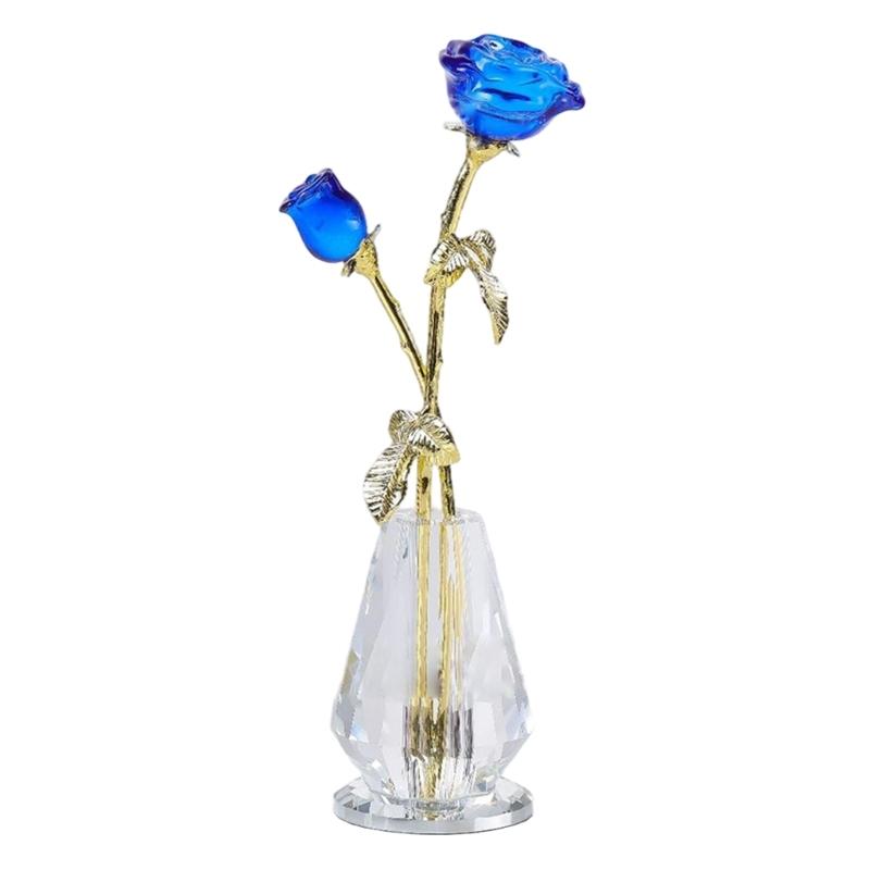 Crystal Rose Sculpture with Vase Collectible Flower Ornament Wedding Anniversary Gift for Home Decoration Accent