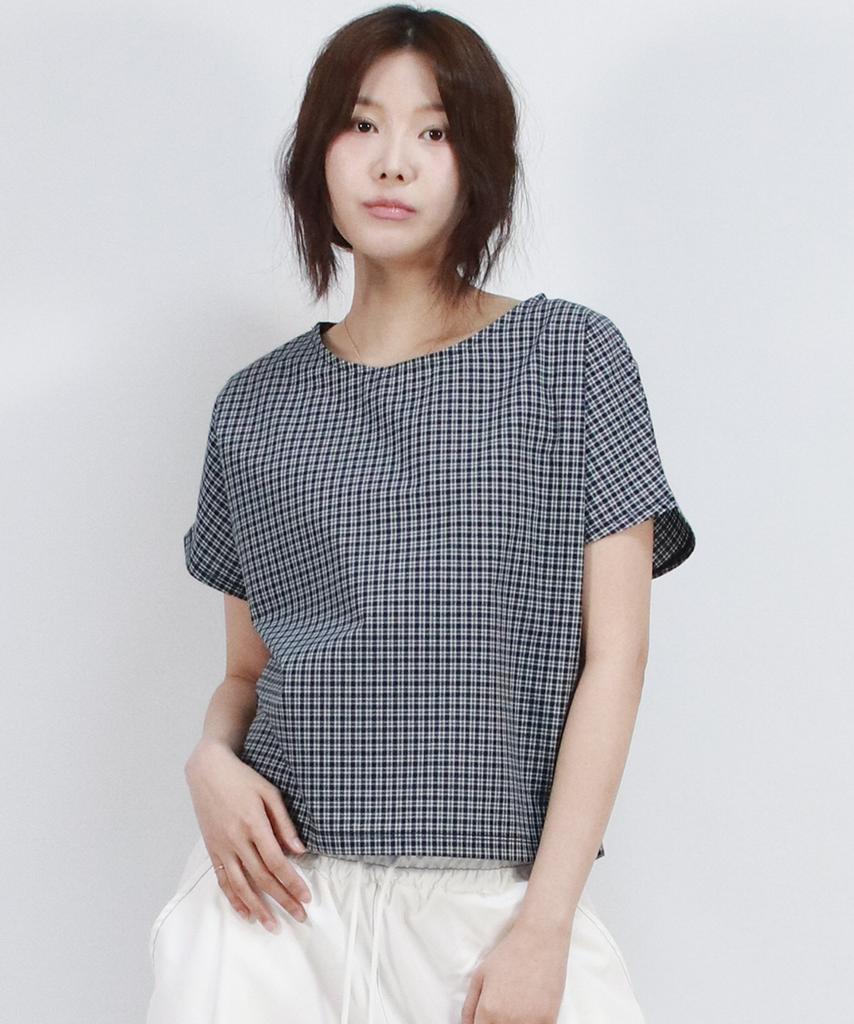 Deumakeu Checkered Mini French Short-Sleeved Shirt Blue