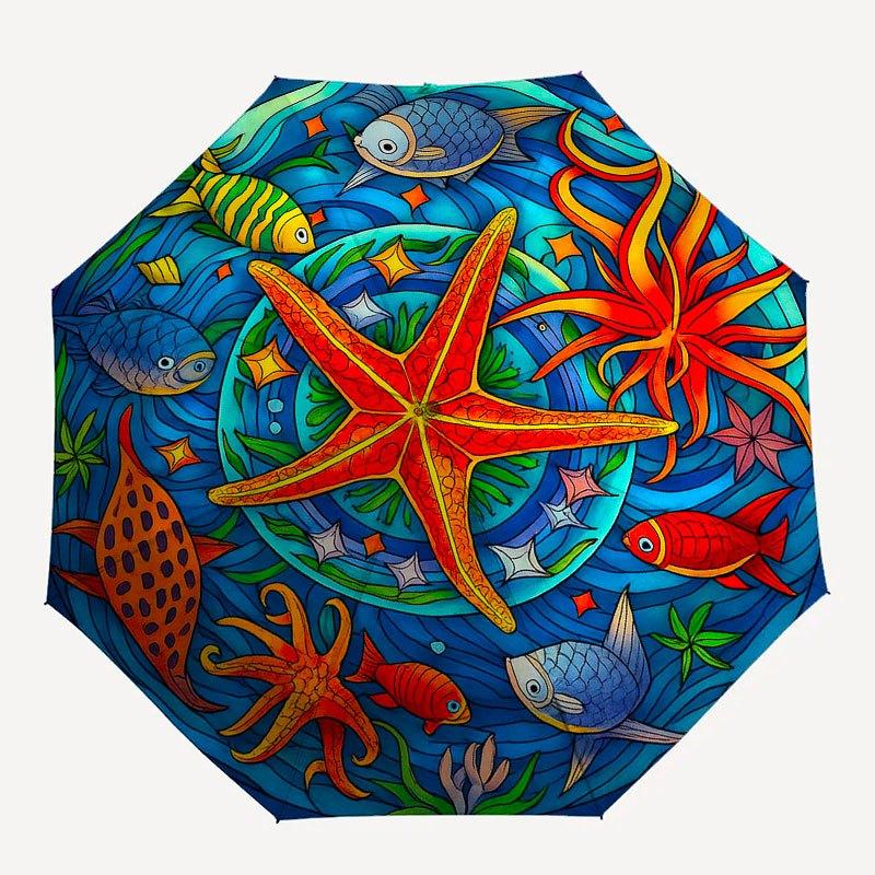 Underwater Paradise: Vibrant Sea Life Stained Cute Window Panel Umbrella, Cute Umbrella with Cute Design, Portable 3-Fold Compact Umbrella for Men & W