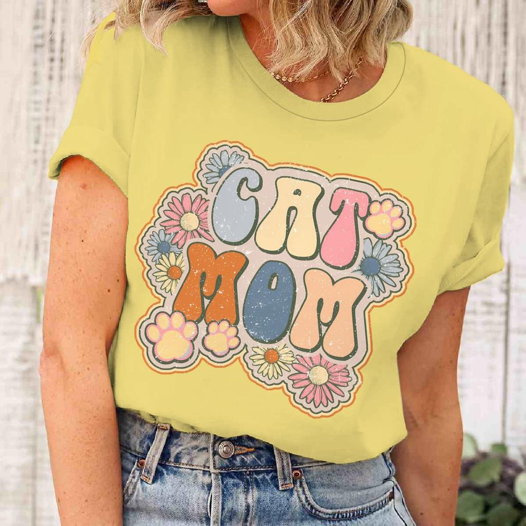 Vintage Cat Mom And Flower Print T Shirt Unisex Bohemia Wildflower Short Sleeve Streetwear Fun Cat Mom Life Tee Casual Female Top