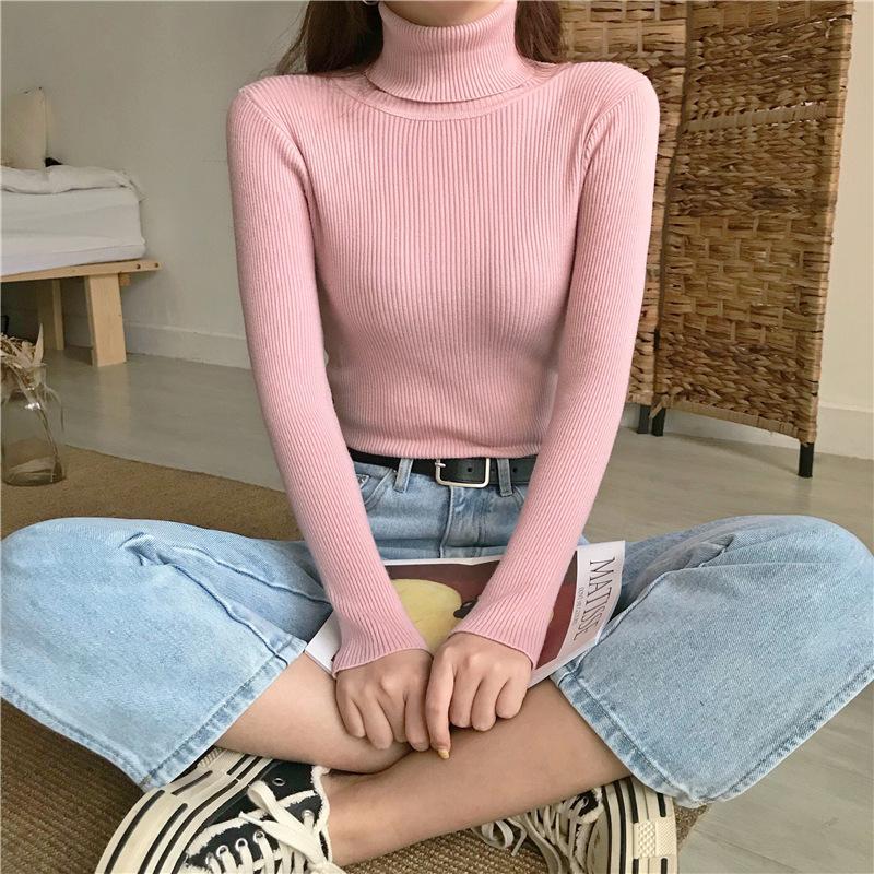 Turtleneck Pullovers Sweaters Women Autumn Winter Primer Shirt Long Sleeve Short Slim-fit Tight Jumper Tops Solid