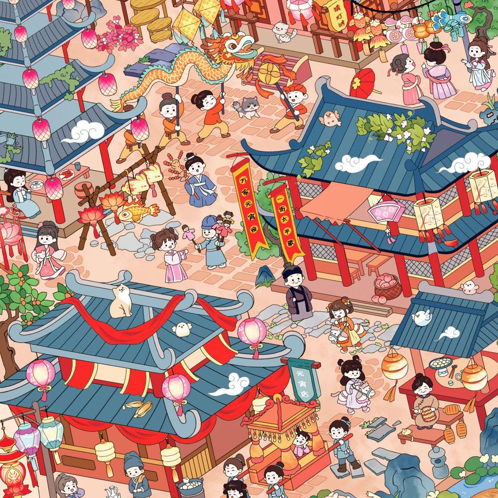 Junbei 4.0 Festival Series Stickers: Large Sheet for National Day, Lantern Festival, New Year with Ancient Style Miniature Scene Toys for Girls.