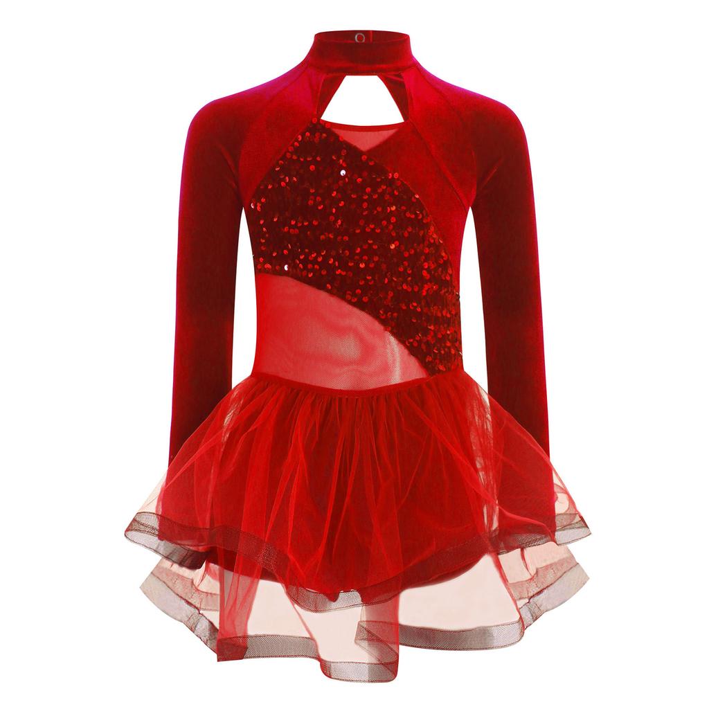 Girls Shiny Sequins Dance Dress Mock Neck Long Sleeve Design Cutout Back Velvet Patchwork Tutu Skirt