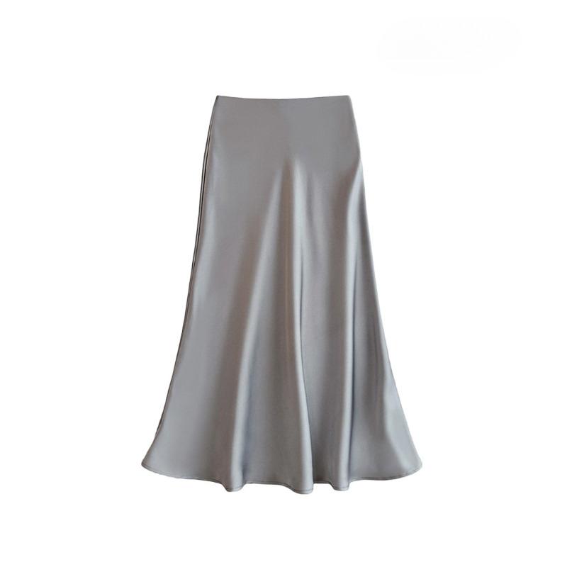 Satin High Waisted Midi Skirts for Women Hidden Elasticized Waistband A Line Flared Skirt Women's Spring Summer Silk Cocktail Flowy A-Line Skirts