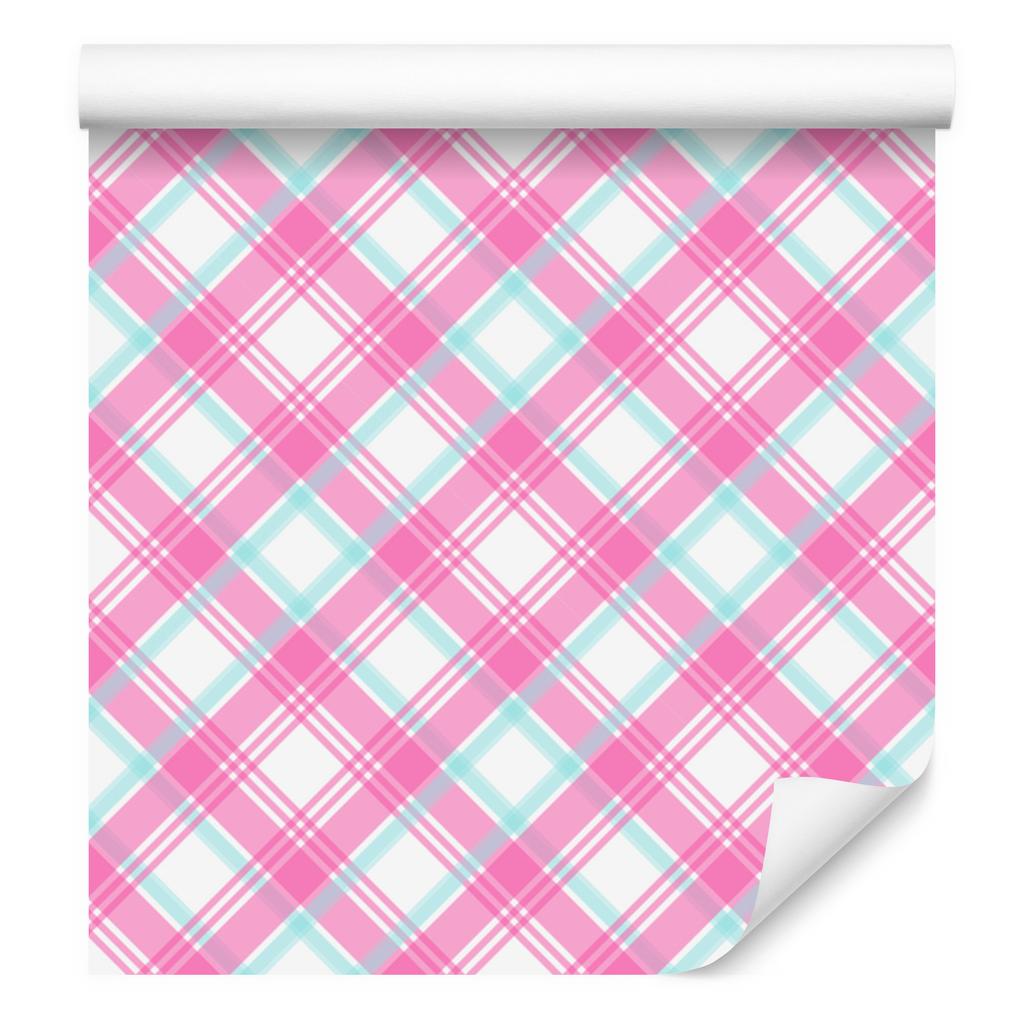 Pink and blue checkered wallpaper powder pink and white 50x1000