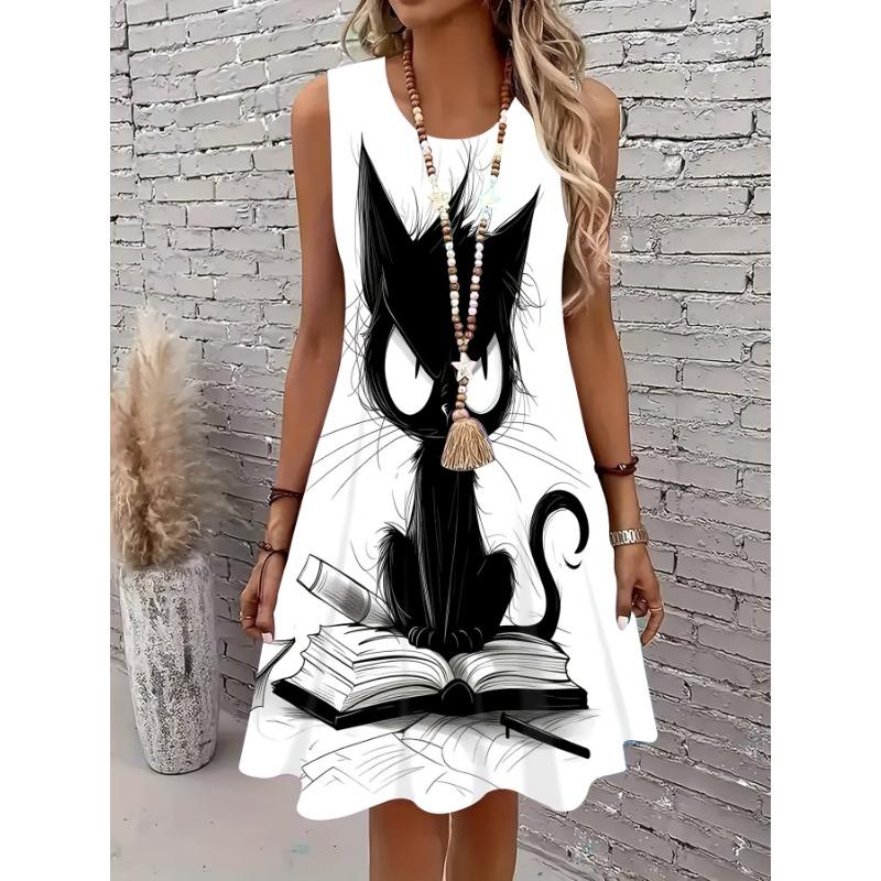 Abito da donna taglie forti senza maniche con stampa gatto cool su tutto il corpo - Leggero traspirante, girocollo, orlo ampio e