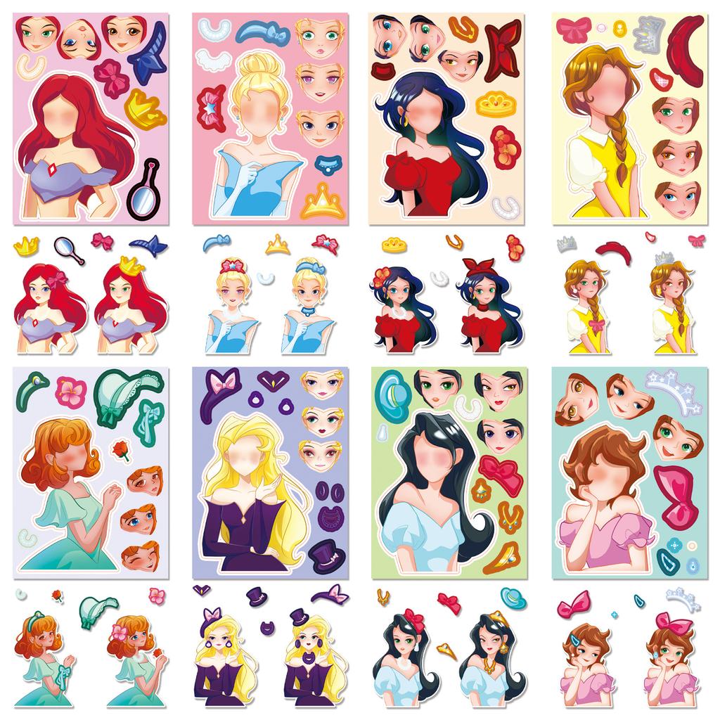 8 Styles/bag Princess Face Swap Set Stickers Cartoon Cute Children Baby Puzzle DIY Early Education Puzzle Stickers