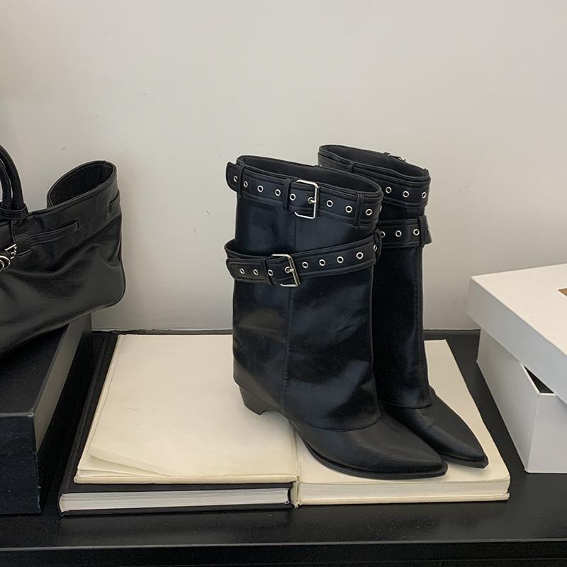 Hottie Belt Buckle Women Ankle Boots Fashion Pointed Toe Thick Heels Ladies Western Cowboy Booties