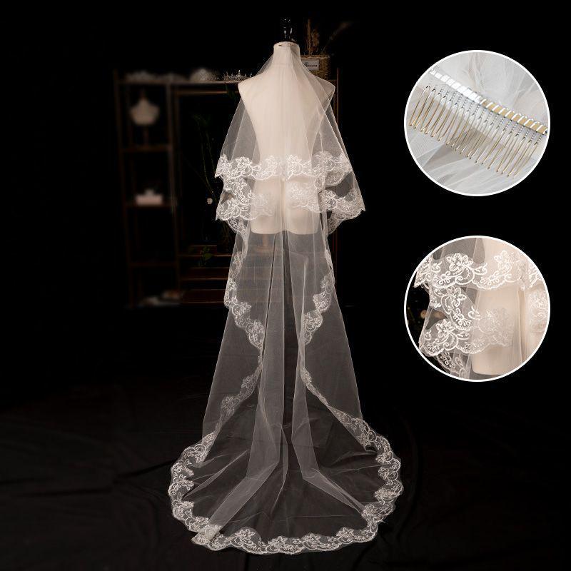 European & American Single-Layer Off-White Bridal Veil with Lace Edge