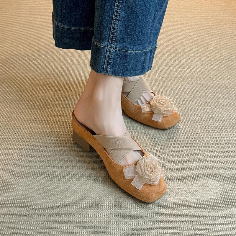 Sheepskin version~ 6cm small person inner height increase camellia bag head half slippers women wear thick heel sandals summer pedal