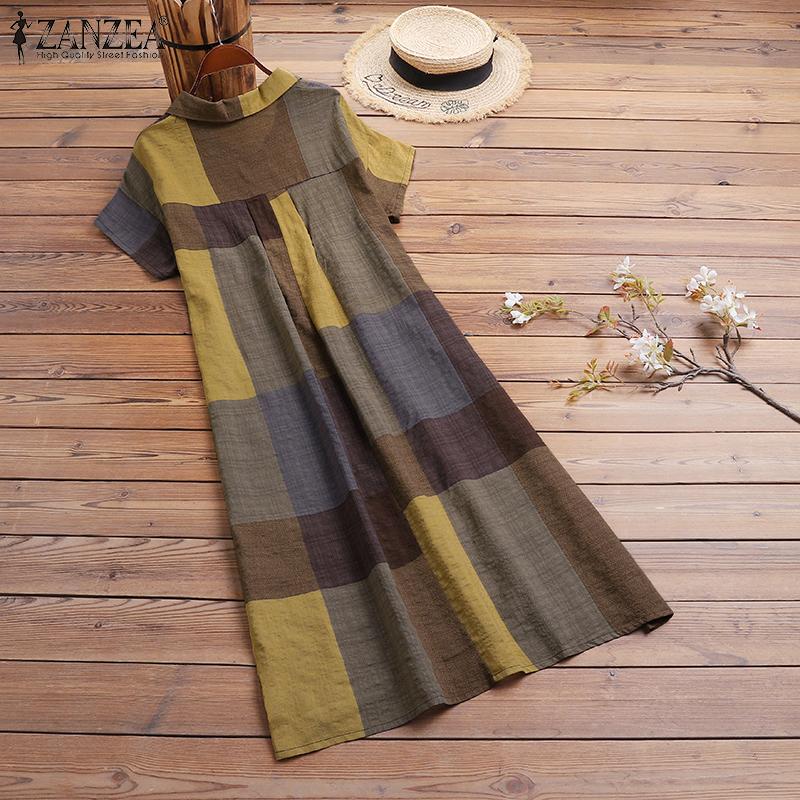 ZANZEA Rochie Casual Largă cu Mânecă Scurtă și Guler Turn-Down pentru Femei