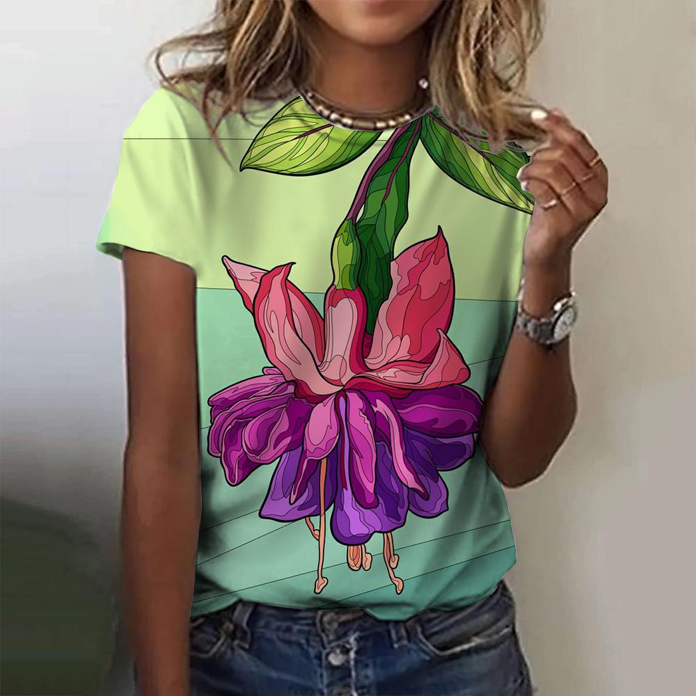 2025 Summer Women's Round Neck T-Shirt Fashion Printed Flower Pattern Top Simple Design Harajuku Short Sleeve T-Shirt